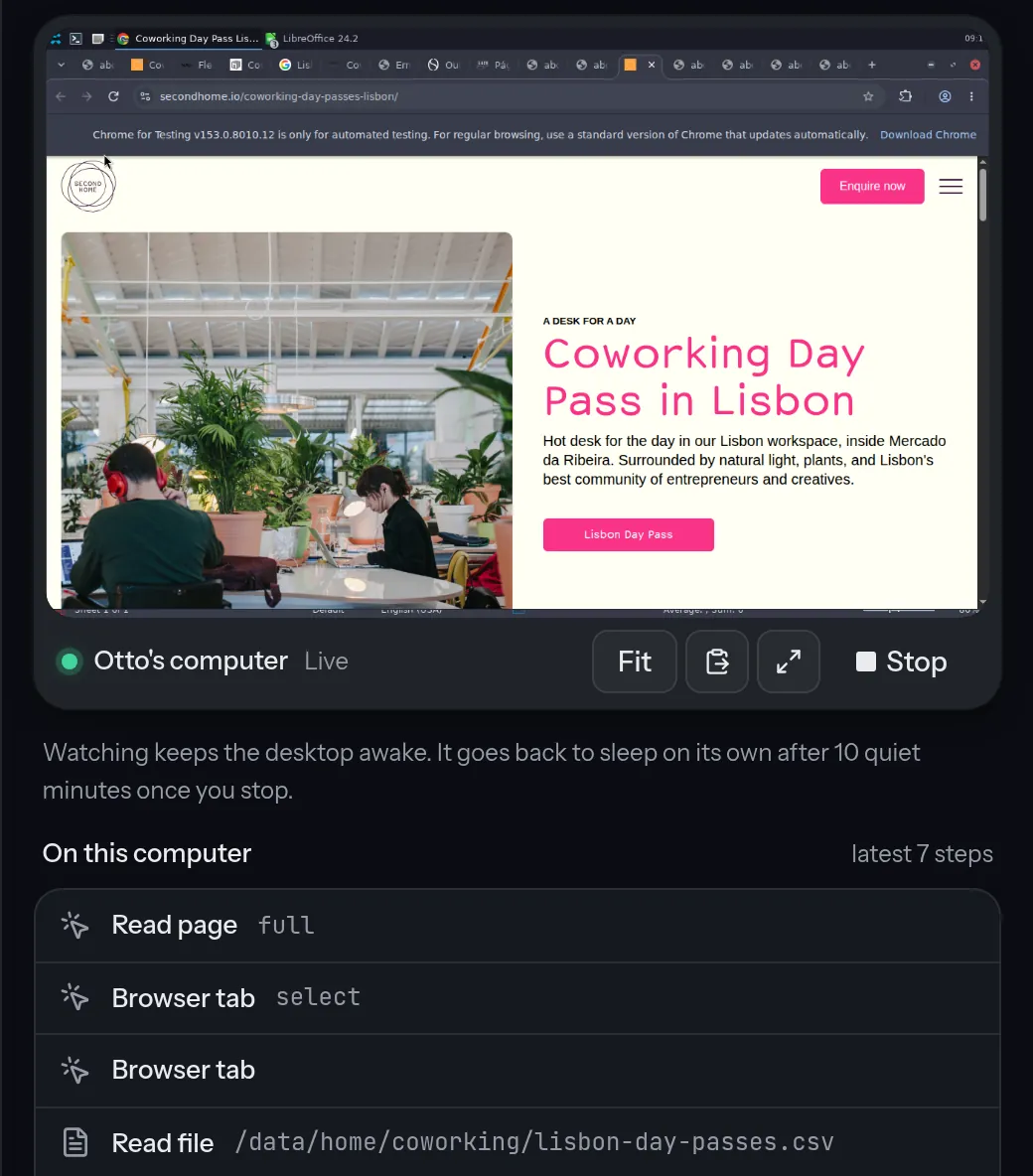 Otto's computer panel: the screen shows a coworking day-pass page in its browser; under it the steps the agent took — read the shortlist file, switched browser tabs, read the page.