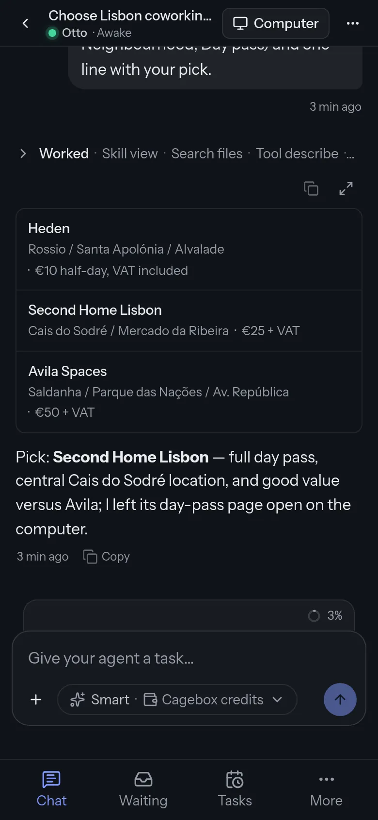 The workspace on a phone: Otto's shortlist of three Lisbon coworking day passes as cards, its pick, a message box and a bottom bar with Chat, Waiting, Tasks and More.
