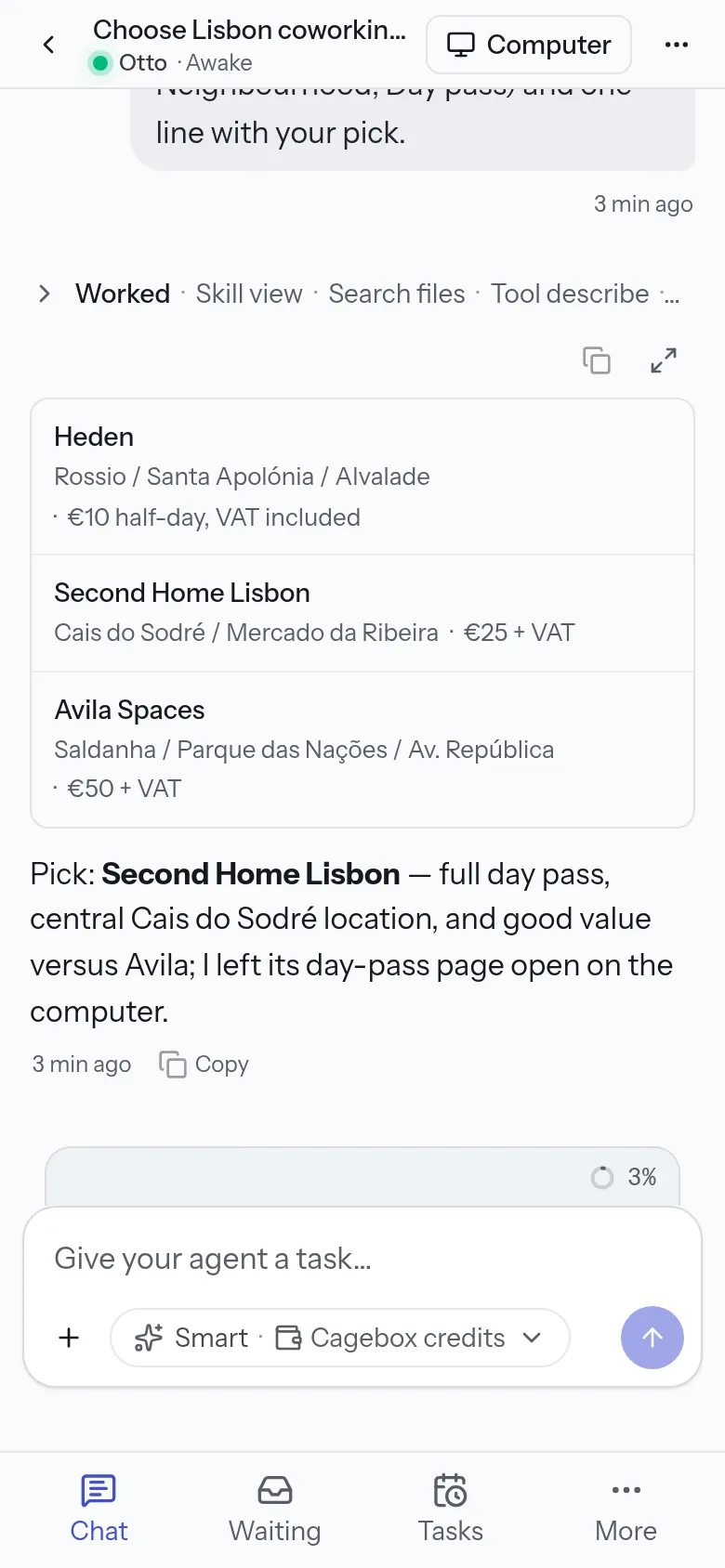 The workspace on a phone: Otto's shortlist of three Lisbon coworking day passes as cards, its pick, a message box and a bottom bar with Chat, Waiting, Tasks and More.