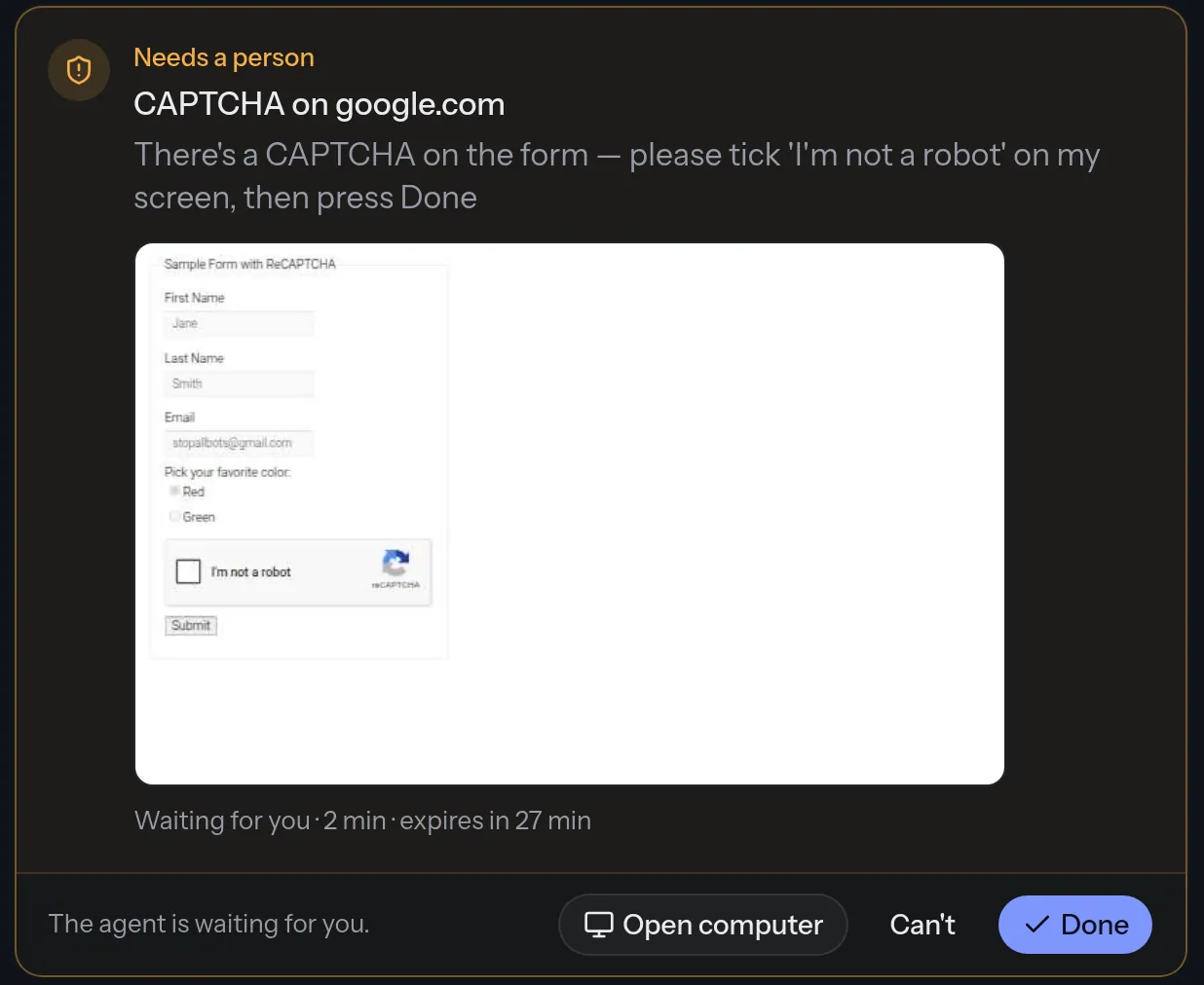 A card in the chat: 'Needs a person — CAPTCHA on google.com. There's a CAPTCHA on the form — please tick I'm not a robot on my screen, then press Done', a picture of the form with the reCAPTCHA checkbox, and the buttons Open computer, Can't and Done.